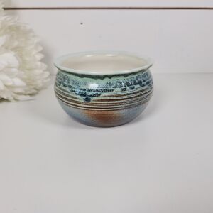 Signed Dryden Small Studio Pottery Bowl | 1982 Hand Thrown Stoneware Blue Green